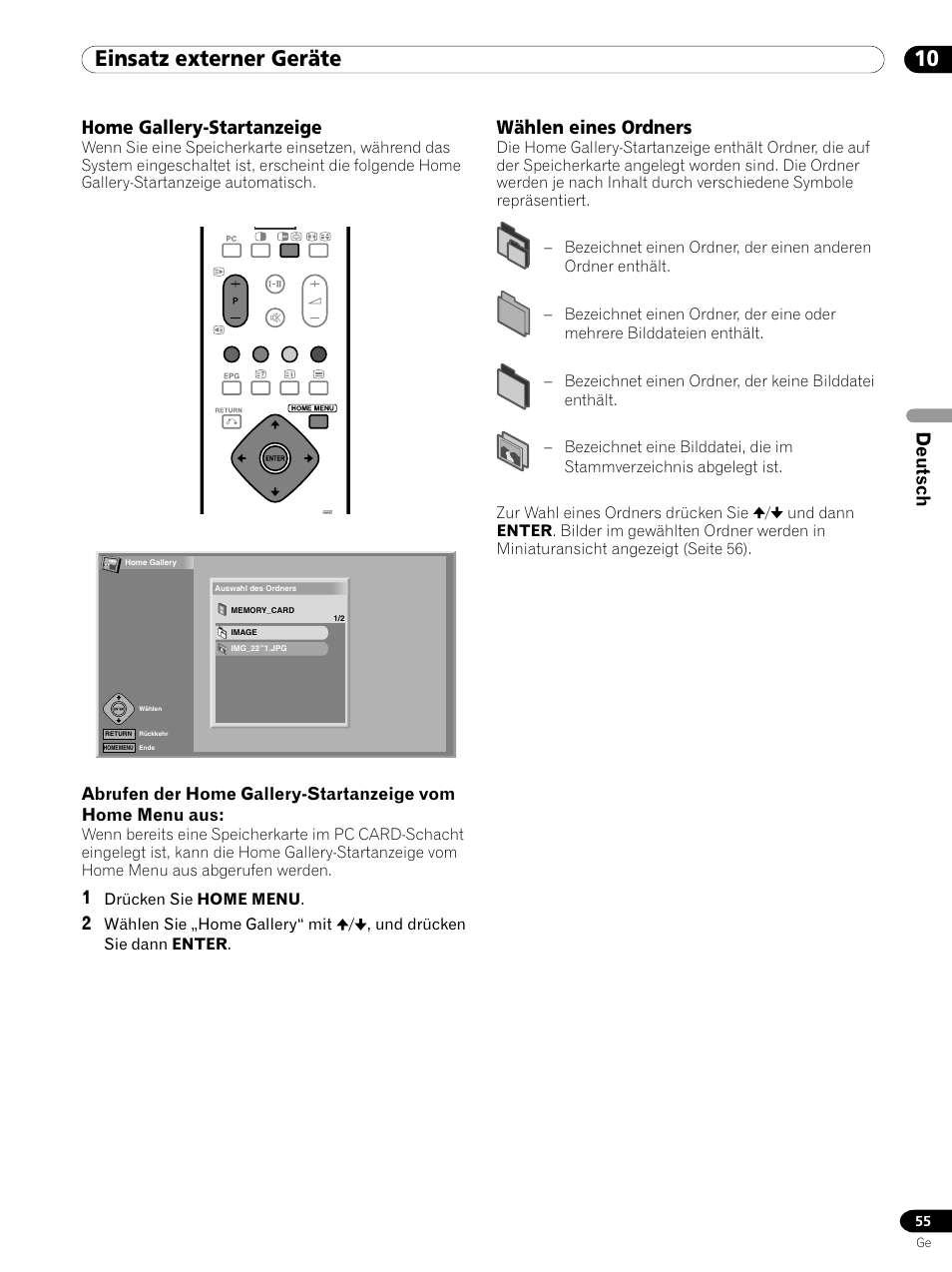 Home gallery-startanzeige wählen eines ordners, 10 einsatz externer geräte, Deutsch | Home gallery-startanzeige, Wählen eines ordners | Pioneer PDP 434HDE User Manual | Page 207 / 248