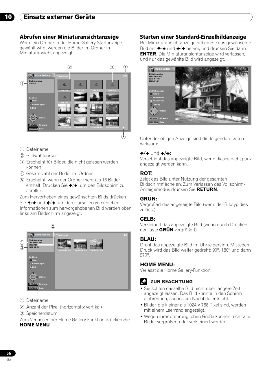 10 einsatz externer geräte, Abrufen einer miniaturansichtanzeige, Starten einer standard-einzelbildanzeige | Grün, Gelb, Blau, Home menu | Pioneer PDP 434HDE User Manual | Page 208 / 248