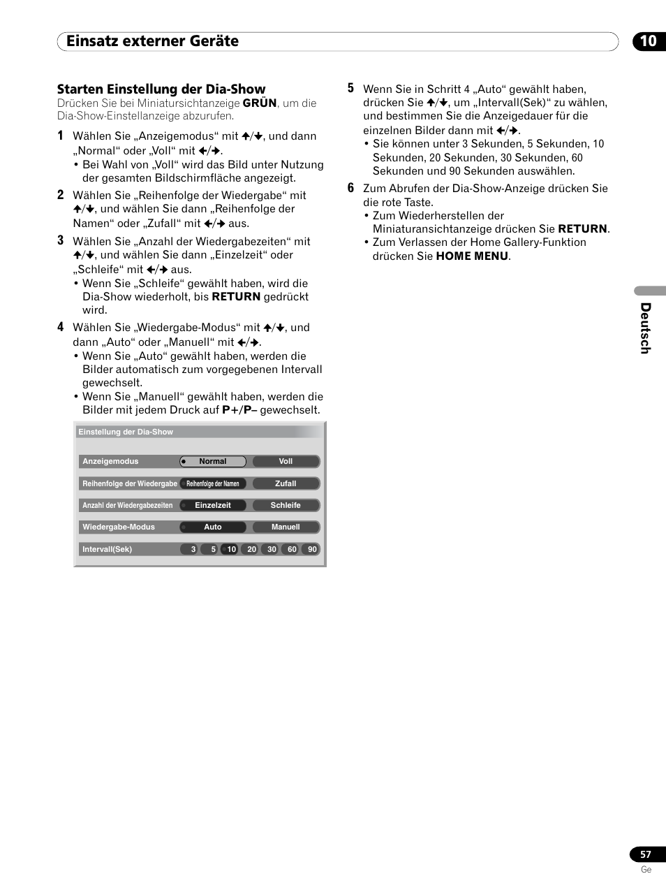 Starten einstellung der dia-show, 10 einsatz externer geräte, Deutsch | Pioneer PDP 434HDE User Manual | Page 209 / 248