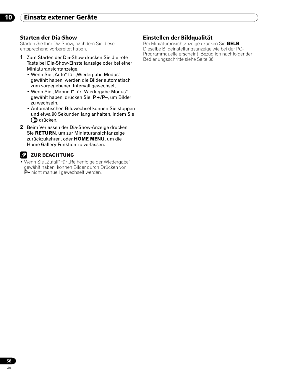 Starten der dia-show einstellen der bildqualität, 10 einsatz externer geräte | Pioneer PDP 434HDE User Manual | Page 210 / 248