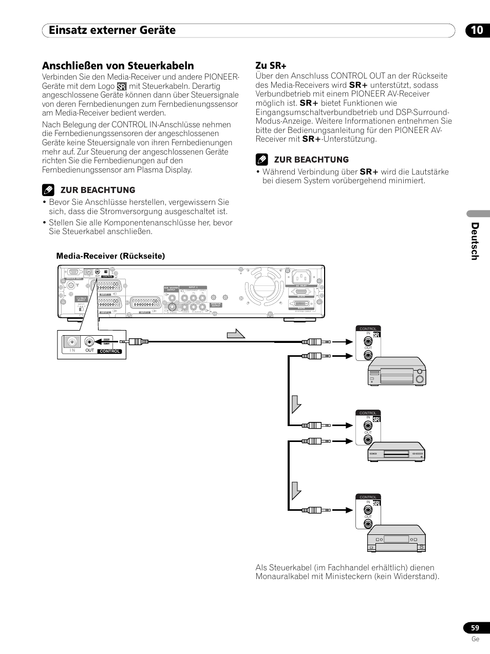 Anschließen von steuerkabeln, Zu sr, 10 einsatz externer geräte | Deutsch, Media-receiver (rückseite) | Pioneer PDP 434HDE User Manual | Page 211 / 248