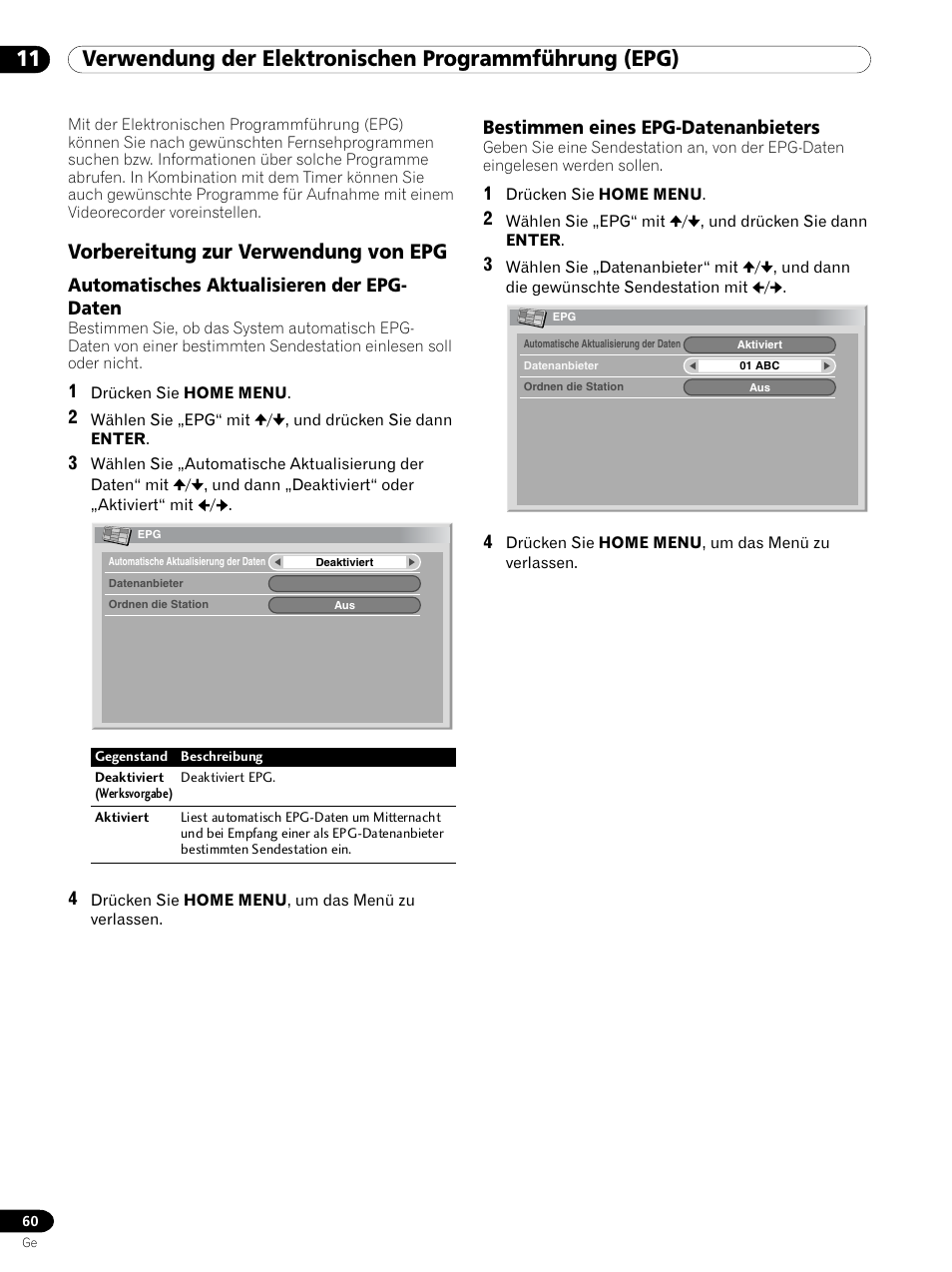 11 verwendung der elektronischen, Programmführung (epg), Vorbereitung zur verwendung von epg | Automatisches aktualisieren der epg- daten, Bestimmen eines epg-datenanbieters | Pioneer PDP 434HDE User Manual | Page 212 / 248