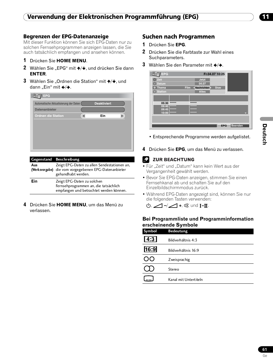 Begrenzen der epg-datenanzeige, Suchen nach programmen, Deutsch | Pioneer PDP 434HDE User Manual | Page 213 / 248