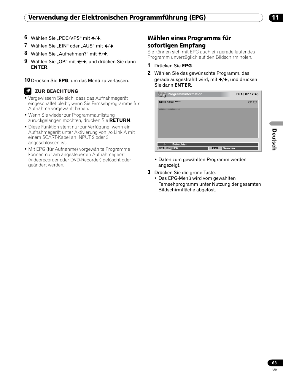 Wählen eines programms für sofortigen empfang, Deutsch | Pioneer PDP 434HDE User Manual | Page 215 / 248
