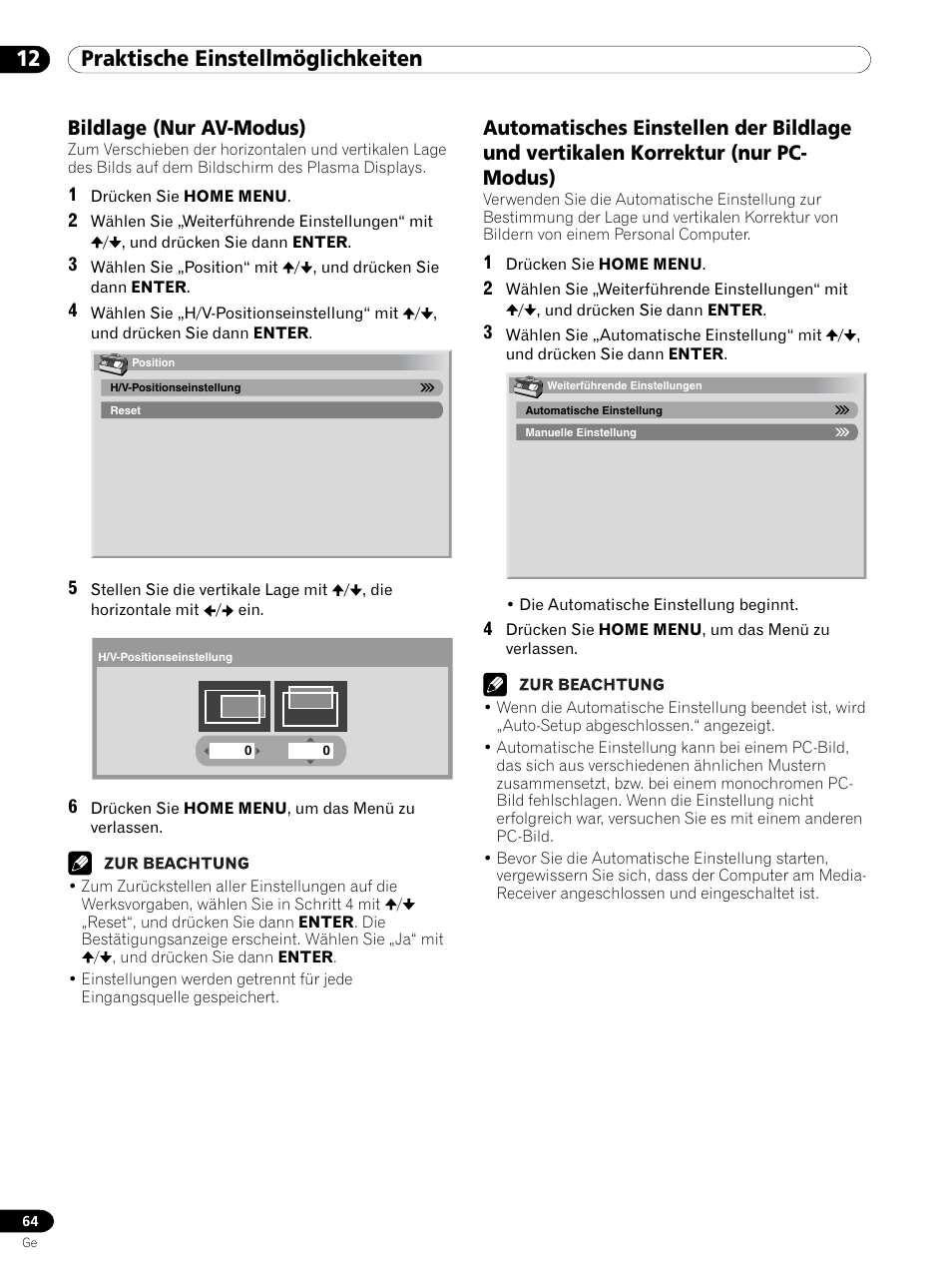 12 praktische einstellmöglichkeiten, Bildlage (nur av-modus) | Pioneer PDP 434HDE User Manual | Page 216 / 248