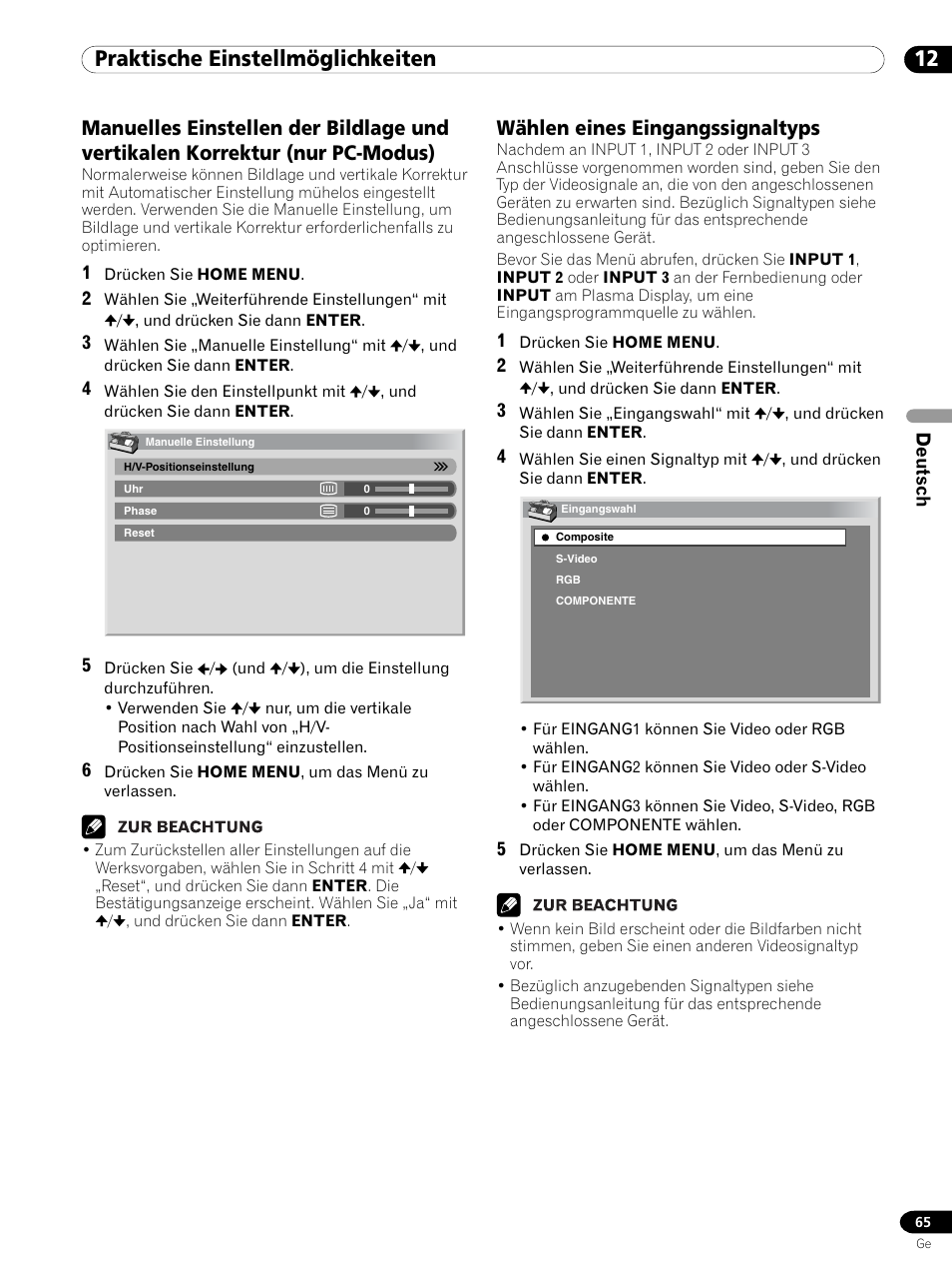 12 praktische einstellmöglichkeiten, Wählen eines eingangssignaltyps | Pioneer PDP 434HDE User Manual | Page 217 / 248