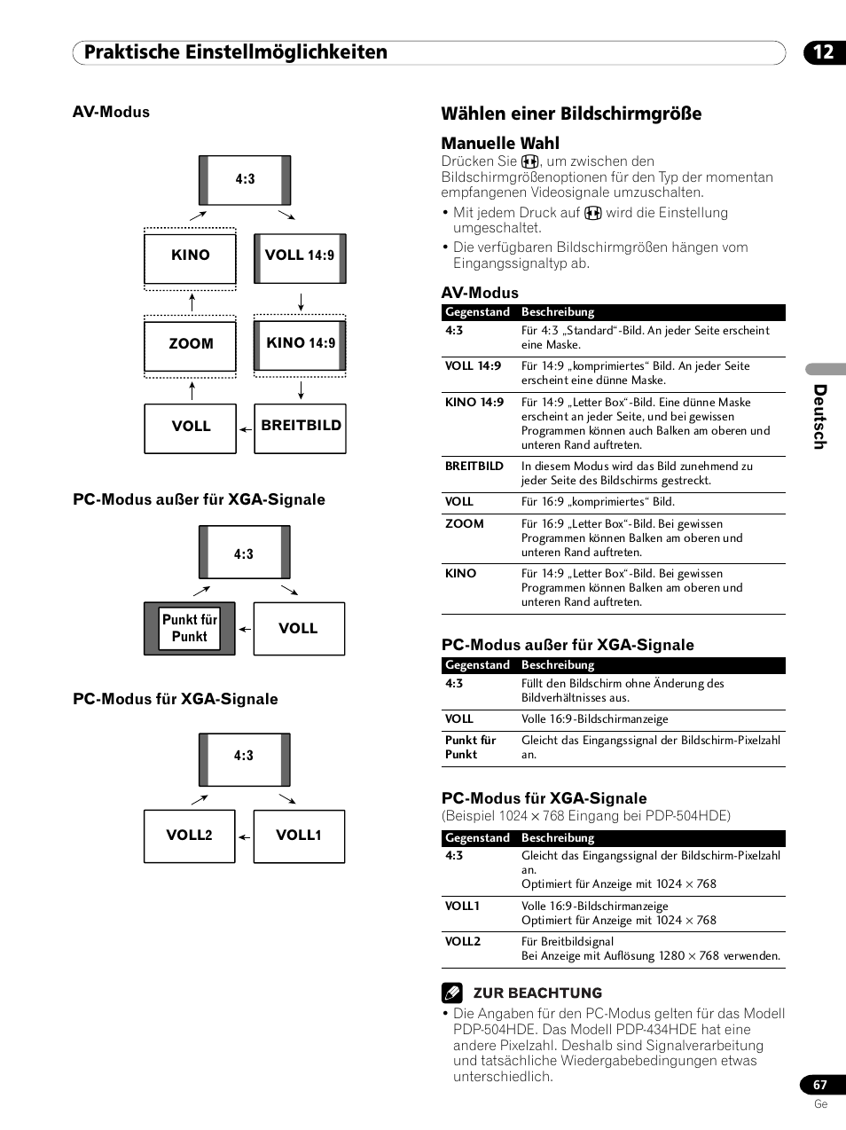 Wählen einer bildschirmgröße, Manuelle wahl, 12 praktische einstellmöglichkeiten | Deutsch | Pioneer PDP 434HDE User Manual | Page 219 / 248