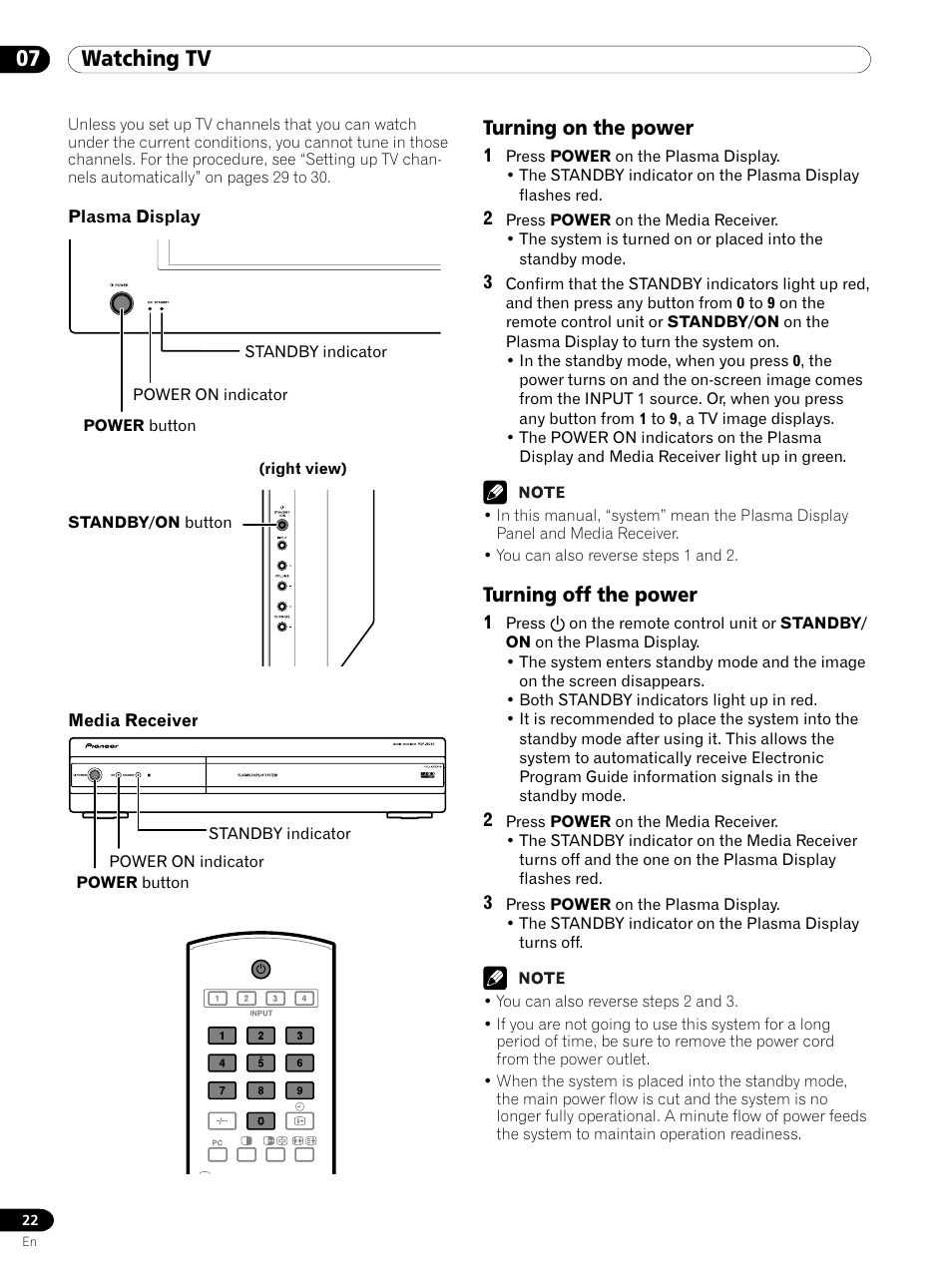 07 watching tv, Turning on the power turning off the power | Pioneer PDP 434HDE User Manual | Page 22 / 248