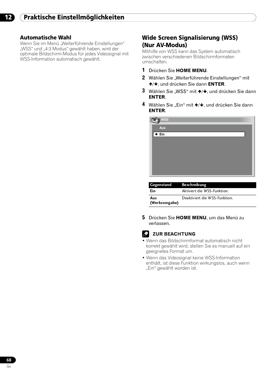 Automatische wahl, Wide screen signalisierung (wss) (nur av-modus), 12 praktische einstellmöglichkeiten | Pioneer PDP 434HDE User Manual | Page 220 / 248