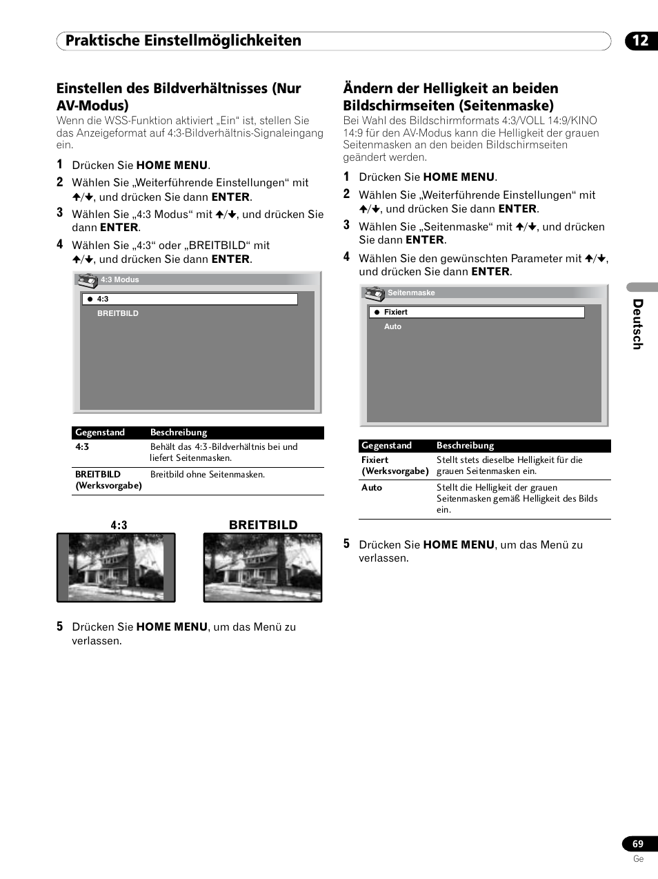 12 praktische einstellmöglichkeiten, Einstellen des bildverhältnisses (nur av-modus) | Pioneer PDP 434HDE User Manual | Page 221 / 248