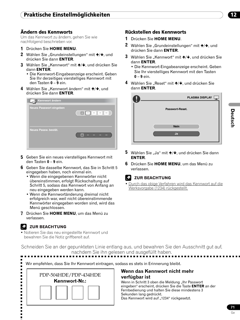 Ändern des kennworts rückstellen des kennworts, 12 praktische einstellmöglichkeiten | Pioneer PDP 434HDE User Manual | Page 223 / 248