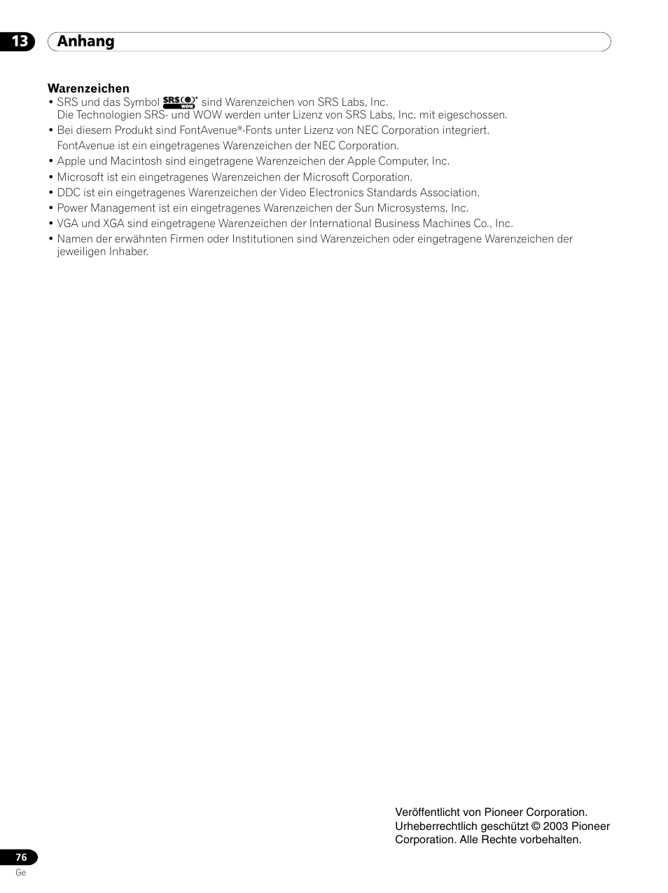 13 anhang | Pioneer PDP 434HDE User Manual | Page 228 / 248