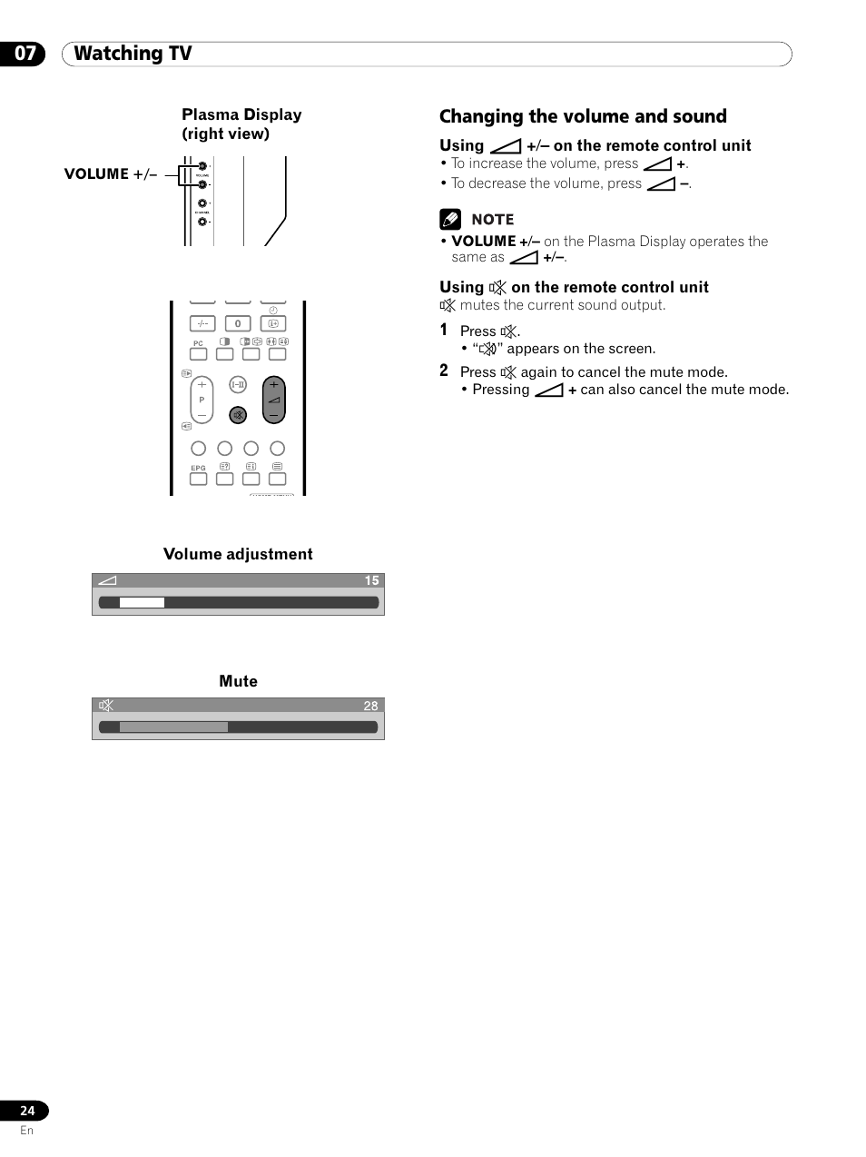 Changing the volume and sound, 07 watching tv | Pioneer PDP 434HDE User Manual | Page 24 / 248