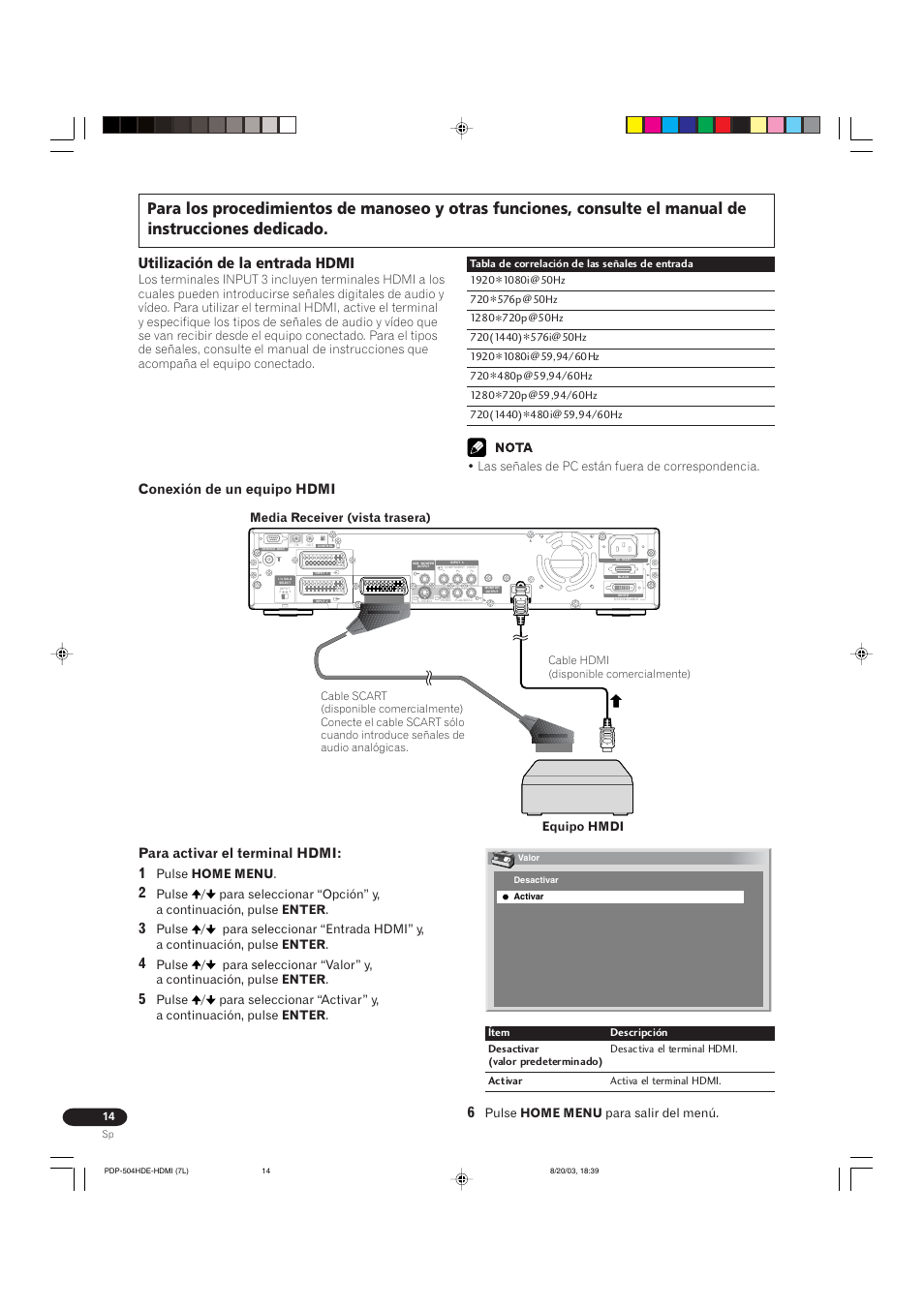 Utilización de la entrada hdmi, Para activar el terminal hdmi, Conexión de un equipo hdmi | Pulse home menu, Pulse home menu para salir del menú, Media receiver (vista trasera), Equipo hmdi, Las señales de pc están fuera de correspondencia | Pioneer PDP 434HDE User Manual | Page 246 / 248