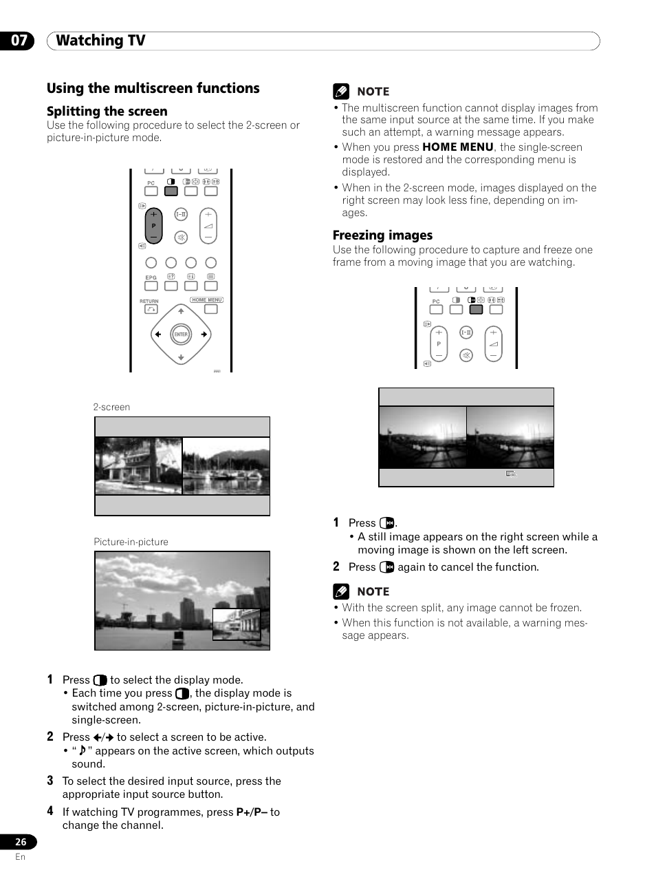 Using the multiscreen functions, Splitting the screen freezing images, 07 watching tv | Pioneer PDP 434HDE User Manual | Page 26 / 248