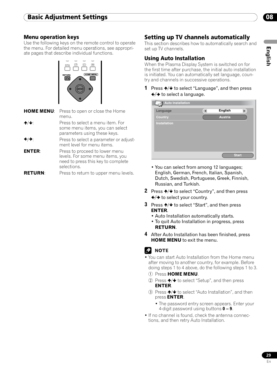 Menu operation keys, Setting up tv channels automatically, Using auto installation | 08 basic adjustment settings | Pioneer PDP 434HDE User Manual | Page 29 / 248