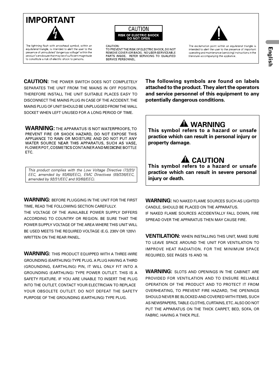 Warning, Caution, English | Pioneer PDP 434HDE User Manual | Page 3 / 248