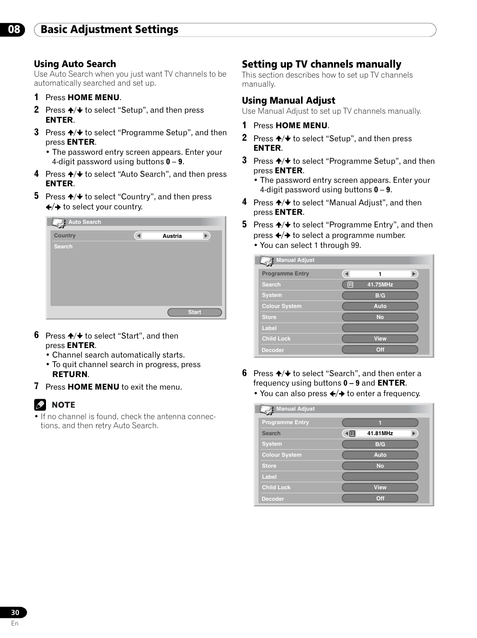 Using auto search, Setting up tv channels manually, Using manual adjust | 08 basic adjustment settings | Pioneer PDP 434HDE User Manual | Page 30 / 248
