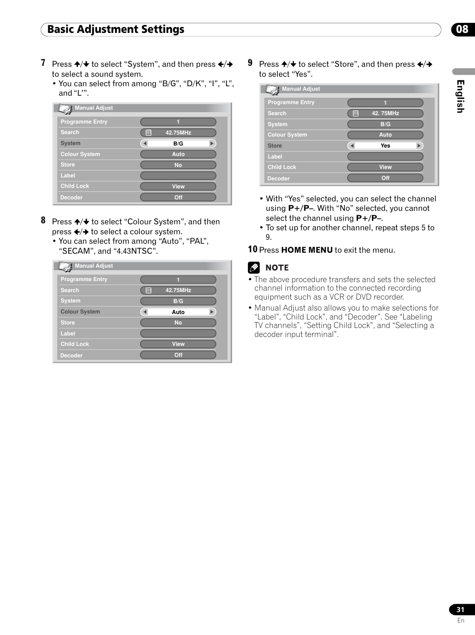 08 basic adjustment settings, English | Pioneer PDP 434HDE User Manual | Page 31 / 248