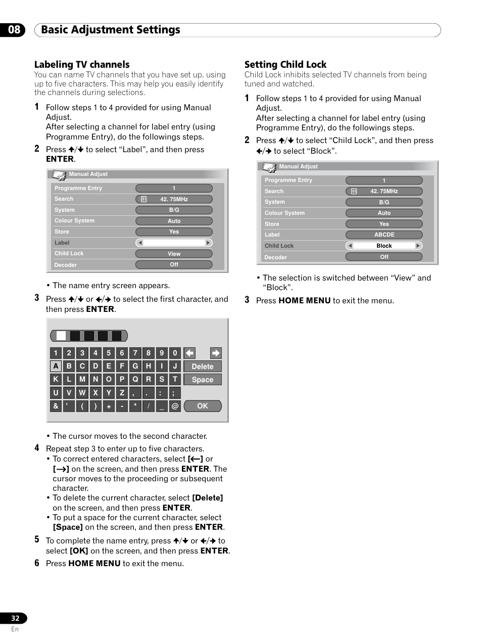 Labeling tv channels setting child lock, 08 basic adjustment settings, Labeling tv channels | Setting child lock | Pioneer PDP 434HDE User Manual | Page 32 / 248