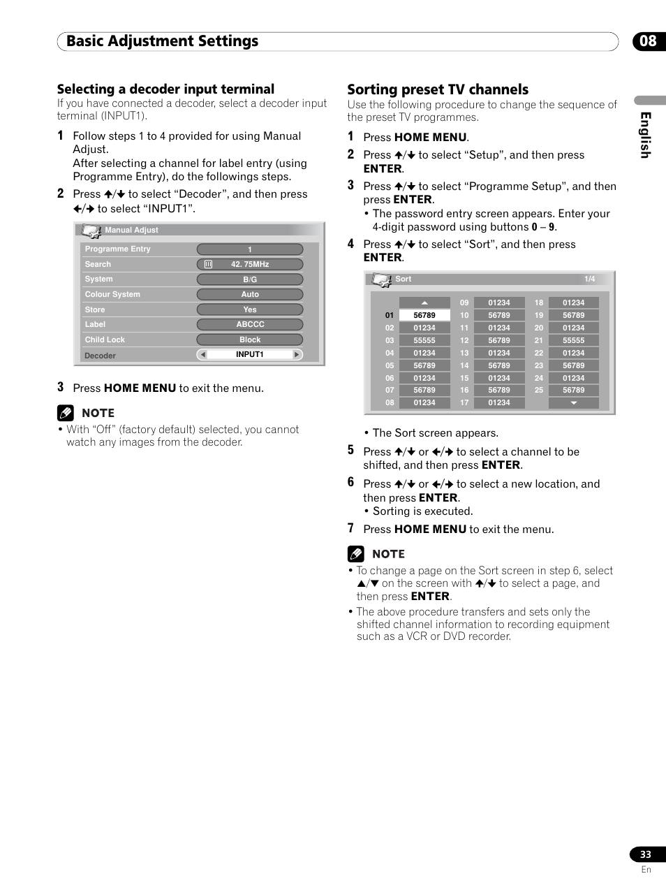 Selecting a decoder input terminal, Sorting preset tv channels, 08 basic adjustment settings | English | Pioneer PDP 434HDE User Manual | Page 33 / 248