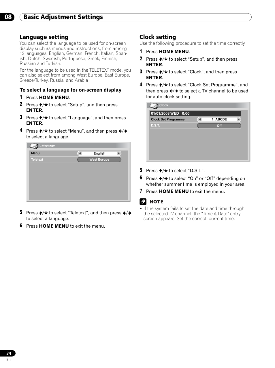 Language setting clock setting, 08 basic adjustment settings, Language setting | Clock setting | Pioneer PDP 434HDE User Manual | Page 34 / 248