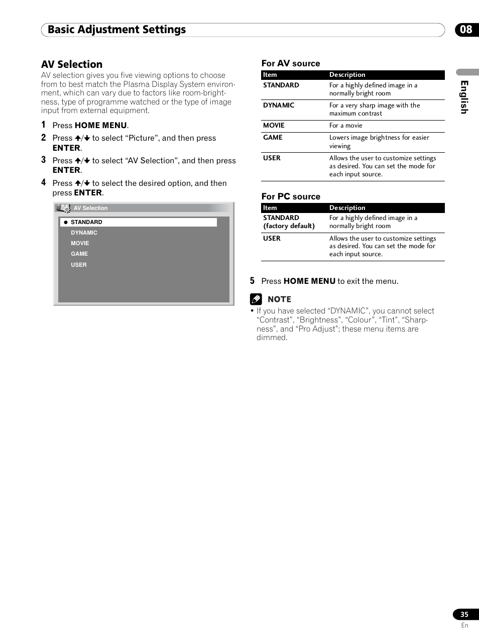 Av selection, 08 basic adjustment settings, English | Pioneer PDP 434HDE User Manual | Page 35 / 248