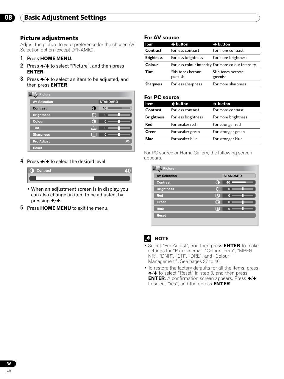 Picture adjustments, 08 basic adjustment settings | Pioneer PDP 434HDE User Manual | Page 36 / 248