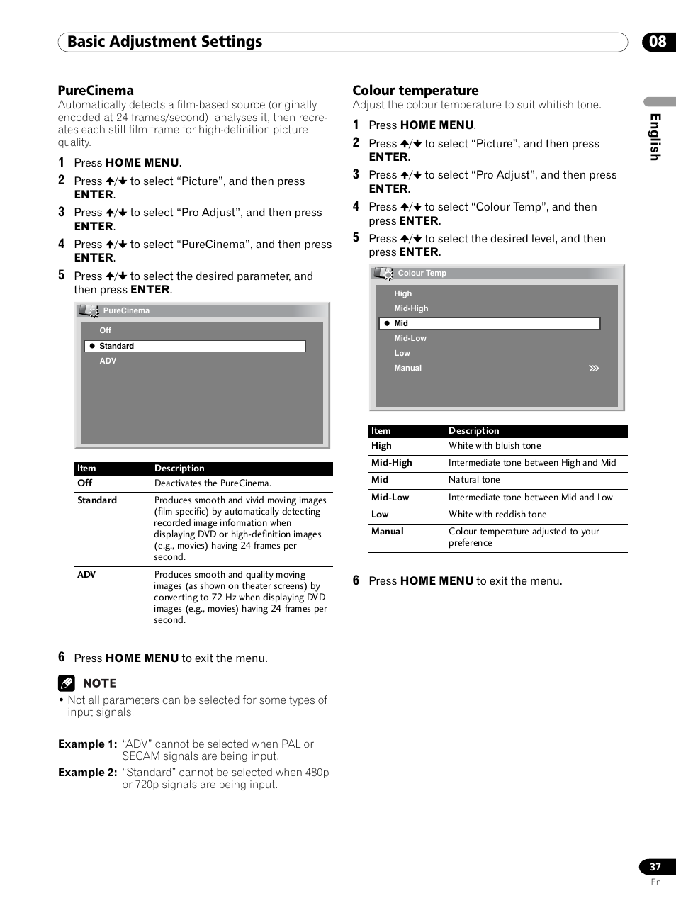 Purecinema colour temperature, 08 basic adjustment settings, English | Purecinema, Colour temperature | Pioneer PDP 434HDE User Manual | Page 37 / 248