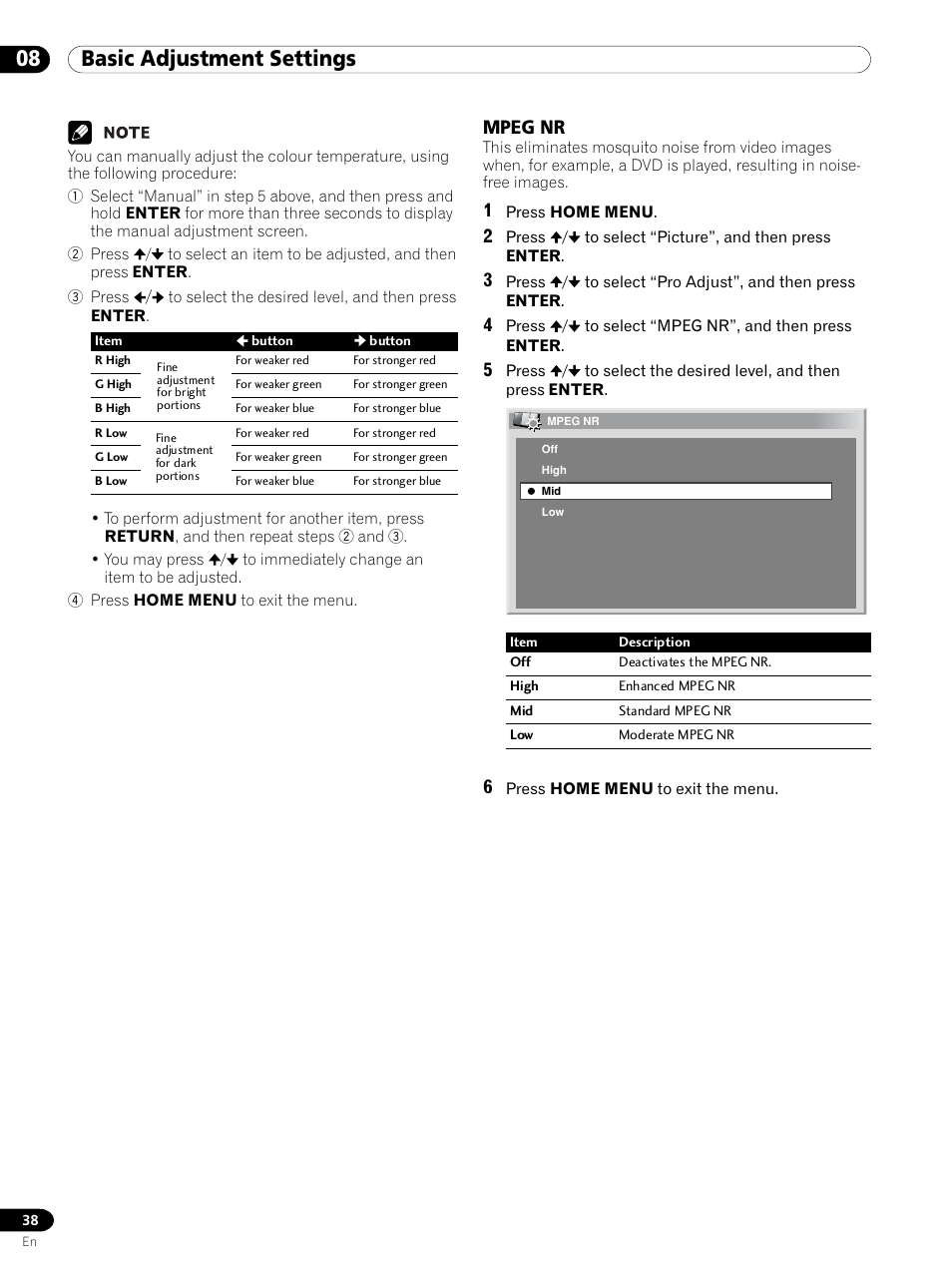Mpeg nr, 08 basic adjustment settings | Pioneer PDP 434HDE User Manual | Page 38 / 248