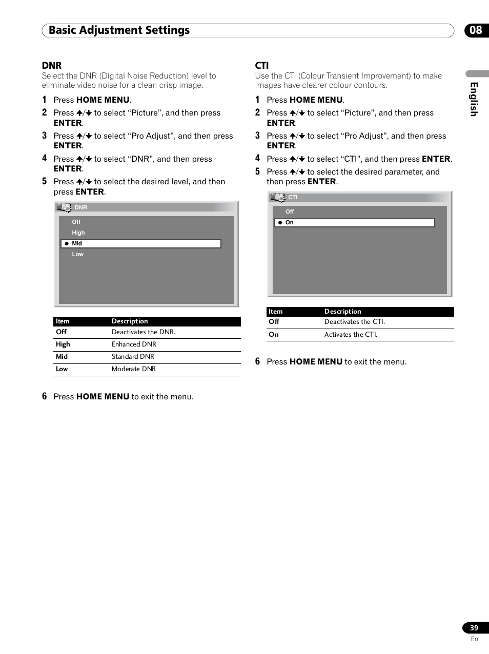 Dnr cti, 08 basic adjustment settings | Pioneer PDP 434HDE User Manual | Page 39 / 248
