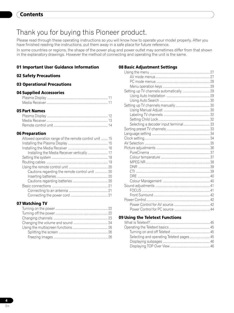 Pioneer PDP 434HDE User Manual | Page 4 / 248