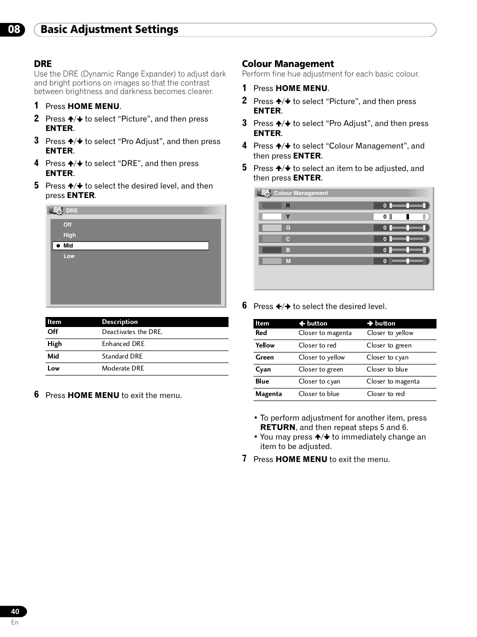 Dre colour management, 08 basic adjustment settings, Colour management | Pioneer PDP 434HDE User Manual | Page 40 / 248