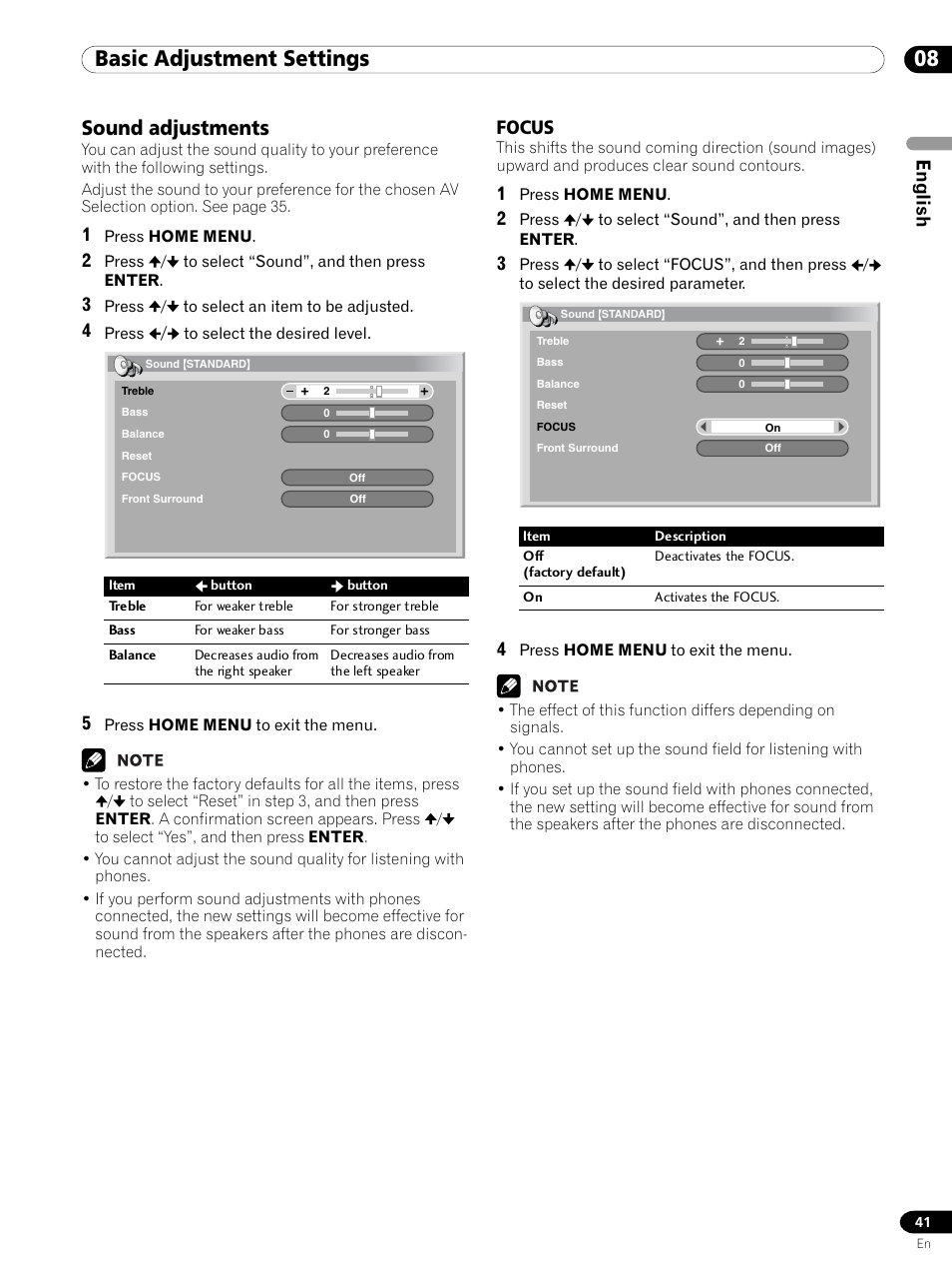 Sound adjustments, Focus, 08 basic adjustment settings | English | Pioneer PDP 434HDE User Manual | Page 41 / 248