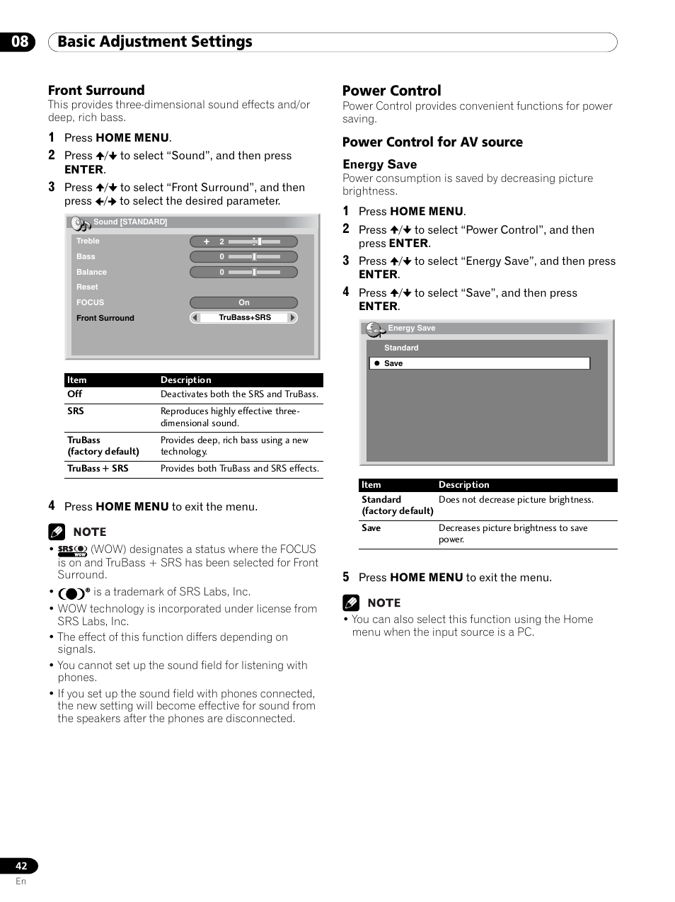 Front surround, Power control, Power control for av source | 08 basic adjustment settings | Pioneer PDP 434HDE User Manual | Page 42 / 248