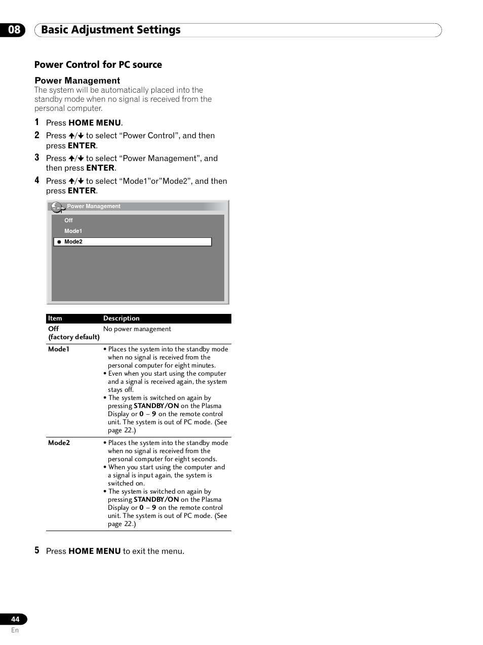 Power control for pc source, 08 basic adjustment settings | Pioneer PDP 434HDE User Manual | Page 44 / 248