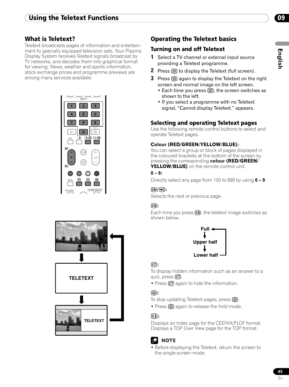 09 using the teletext functions, What is teletext? operating the teletext basics, What is teletext | Operating the teletext basics | Pioneer PDP 434HDE User Manual | Page 45 / 248