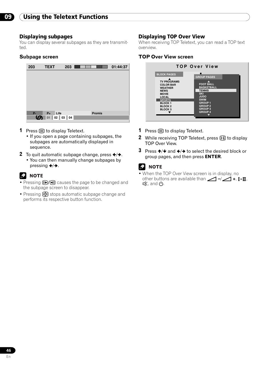 09 using the teletext functions, Displaying top over view, Displaying subpages | Pioneer PDP 434HDE User Manual | Page 46 / 248