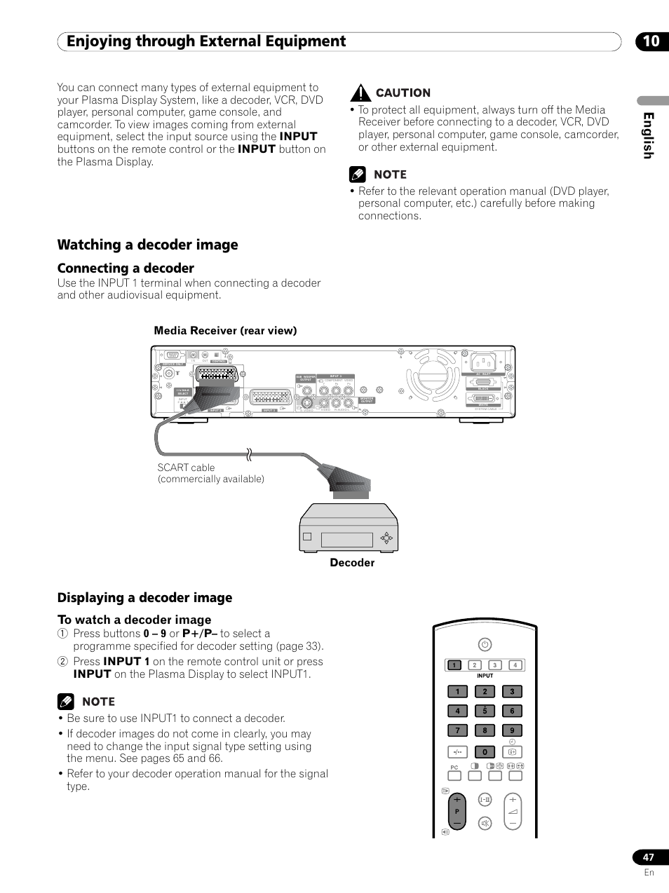 10 enjoying through external equipment, Watching a decoder image, Connecting a decoder displaying a decoder image | English, Connecting a decoder, Displaying a decoder image, Scart cable (commercially available) | Pioneer PDP 434HDE User Manual | Page 47 / 248