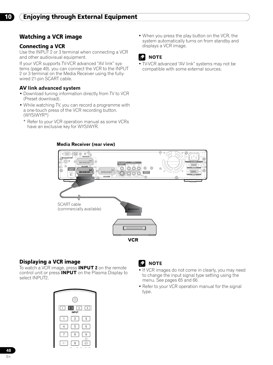 Watching a vcr image, Connecting a vcr displaying a vcr image, 10 enjoying through external equipment | Connecting a vcr, Displaying a vcr image, Av link advanced system, Scart cable (commercially available) | Pioneer PDP 434HDE User Manual | Page 48 / 248