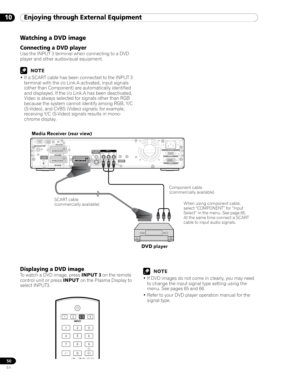 Watching a dvd image, Connecting a dvd player displaying a dvd image, 10 enjoying through external equipment | Connecting a dvd player, Displaying a dvd image, Component cable (commercially available) | Pioneer PDP 434HDE User Manual | Page 50 / 248