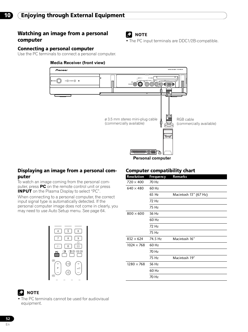 Watching an image from a personal computer, 10 enjoying through external equipment, Connecting a personal computer | Displaying an image from a personal com- puter, Computer compatibility chart | Pioneer PDP 434HDE User Manual | Page 52 / 248