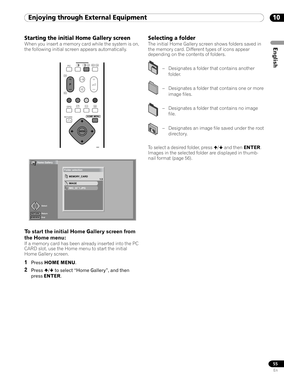 10 enjoying through external equipment, English, Starting the initial home gallery screen | Selecting a folder | Pioneer PDP 434HDE User Manual | Page 55 / 248