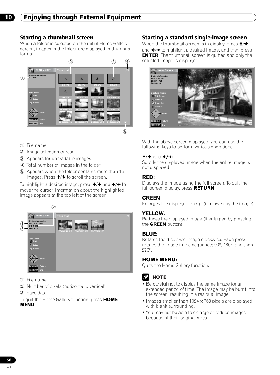 10 enjoying through external equipment, Starting a thumbnail screen, Starting a standard single-image screen | Green, Yellow, Blue, Home menu | Pioneer PDP 434HDE User Manual | Page 56 / 248