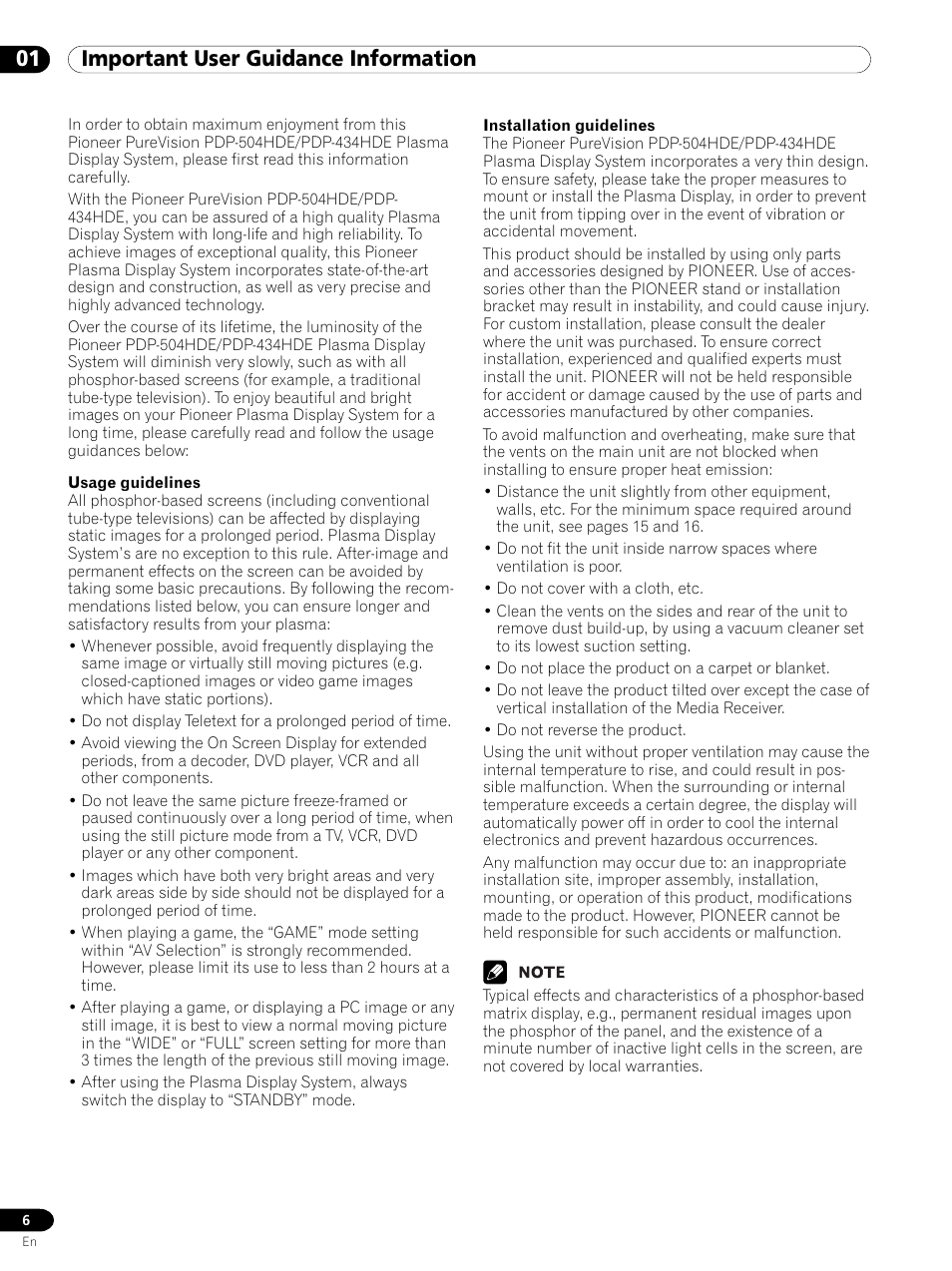 01 important user guidance information | Pioneer PDP 434HDE User Manual | Page 6 / 248