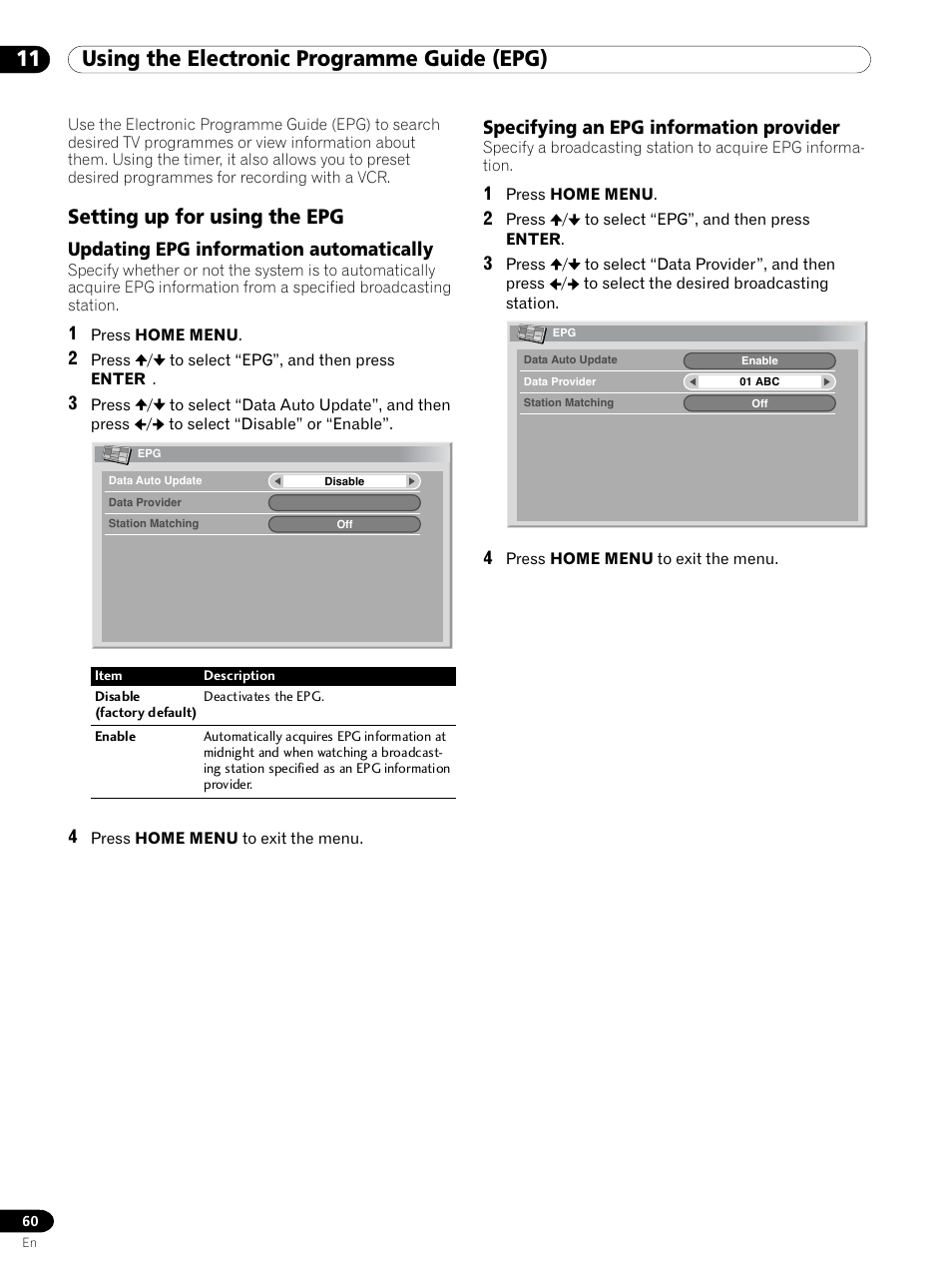 11 using the electronic programme guide (epg), Setting up for using the epg, Updating epg information automatically | Specifying an epg information provider | Pioneer PDP 434HDE User Manual | Page 60 / 248