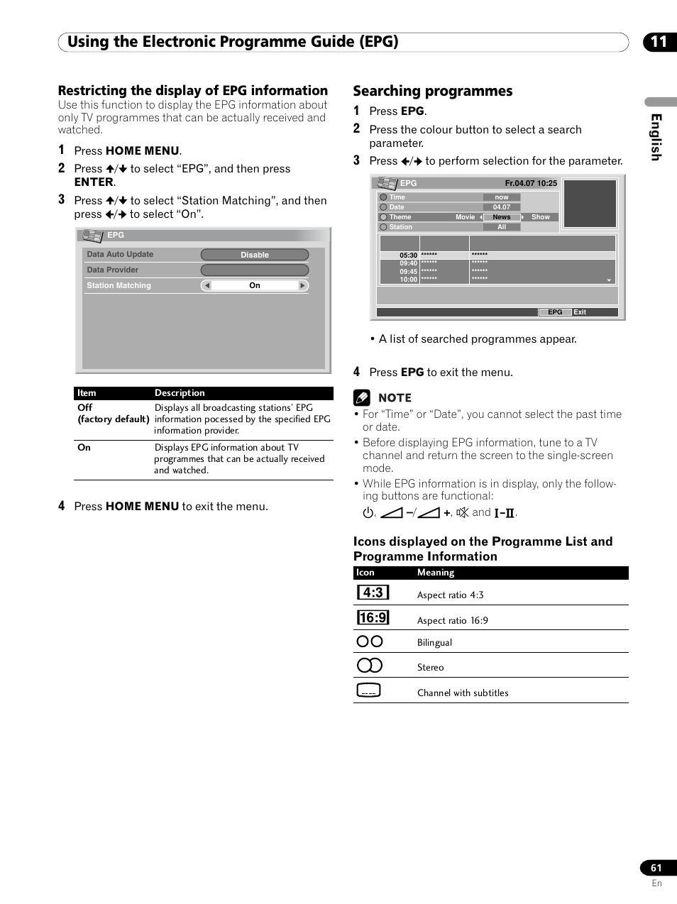 Restricting the display of epg information, Searching programmes, 11 using the electronic programme guide (epg) | English | Pioneer PDP 434HDE User Manual | Page 61 / 248