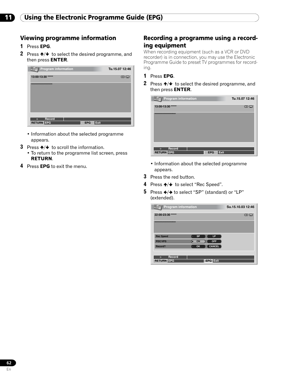 11 using the electronic programme guide (epg), Viewing programme information | Pioneer PDP 434HDE User Manual | Page 62 / 248