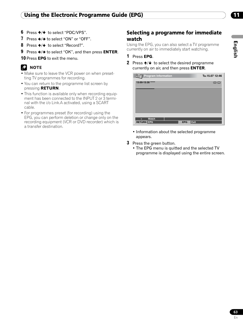 Selecting a programme for immediate watch, 11 using the electronic programme guide (epg), English | Pioneer PDP 434HDE User Manual | Page 63 / 248