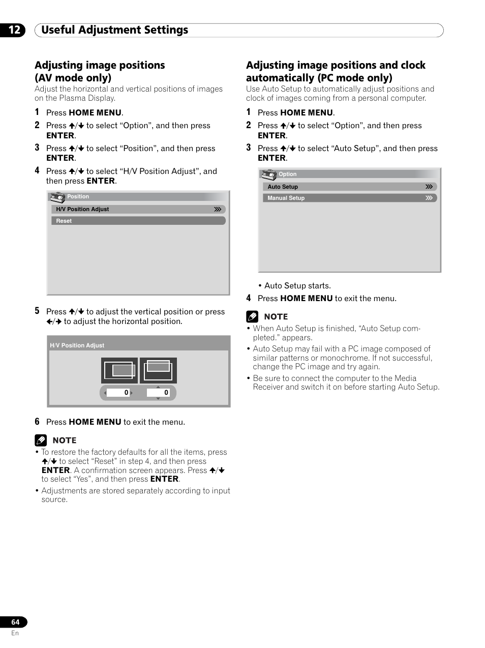 12 useful adjustments settings, 12 useful adjustment settings, Adjusting image positions (av mode only) | Pioneer PDP 434HDE User Manual | Page 64 / 248